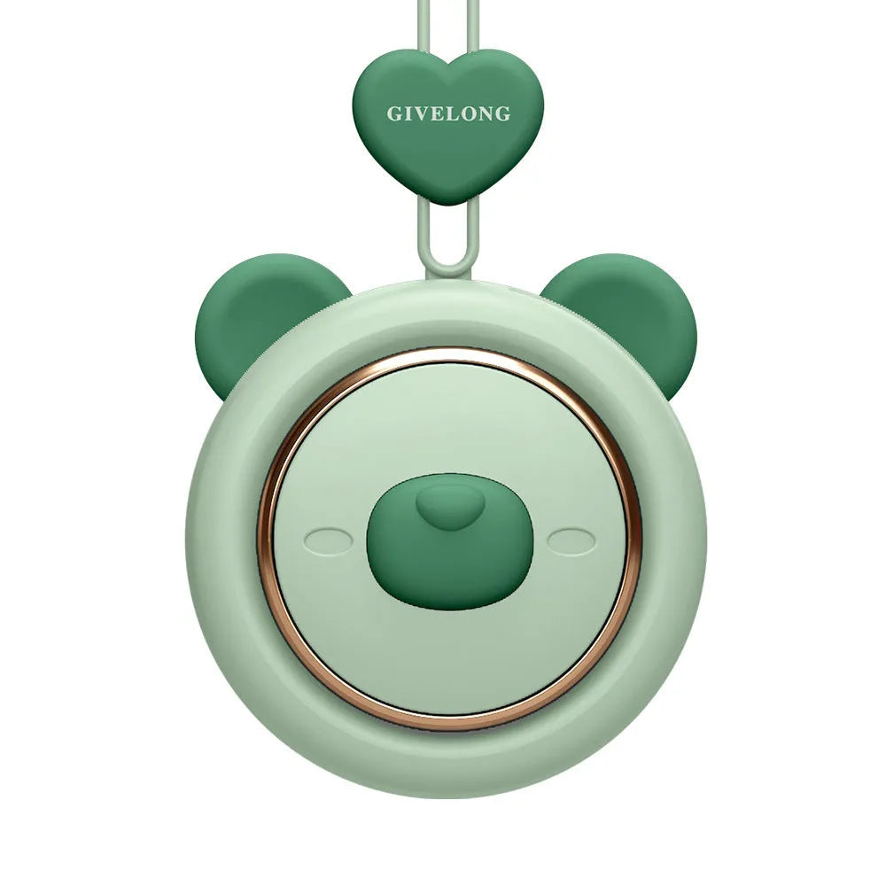Mini bladeless neck band fan with hanging rope, shown in a colour-themed design.