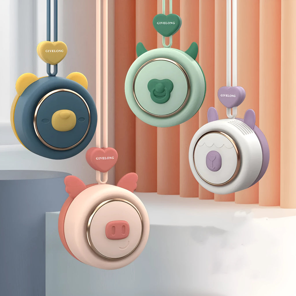 Mini bladeless neck band fan with hanging rope, shown in a colour-themed design.