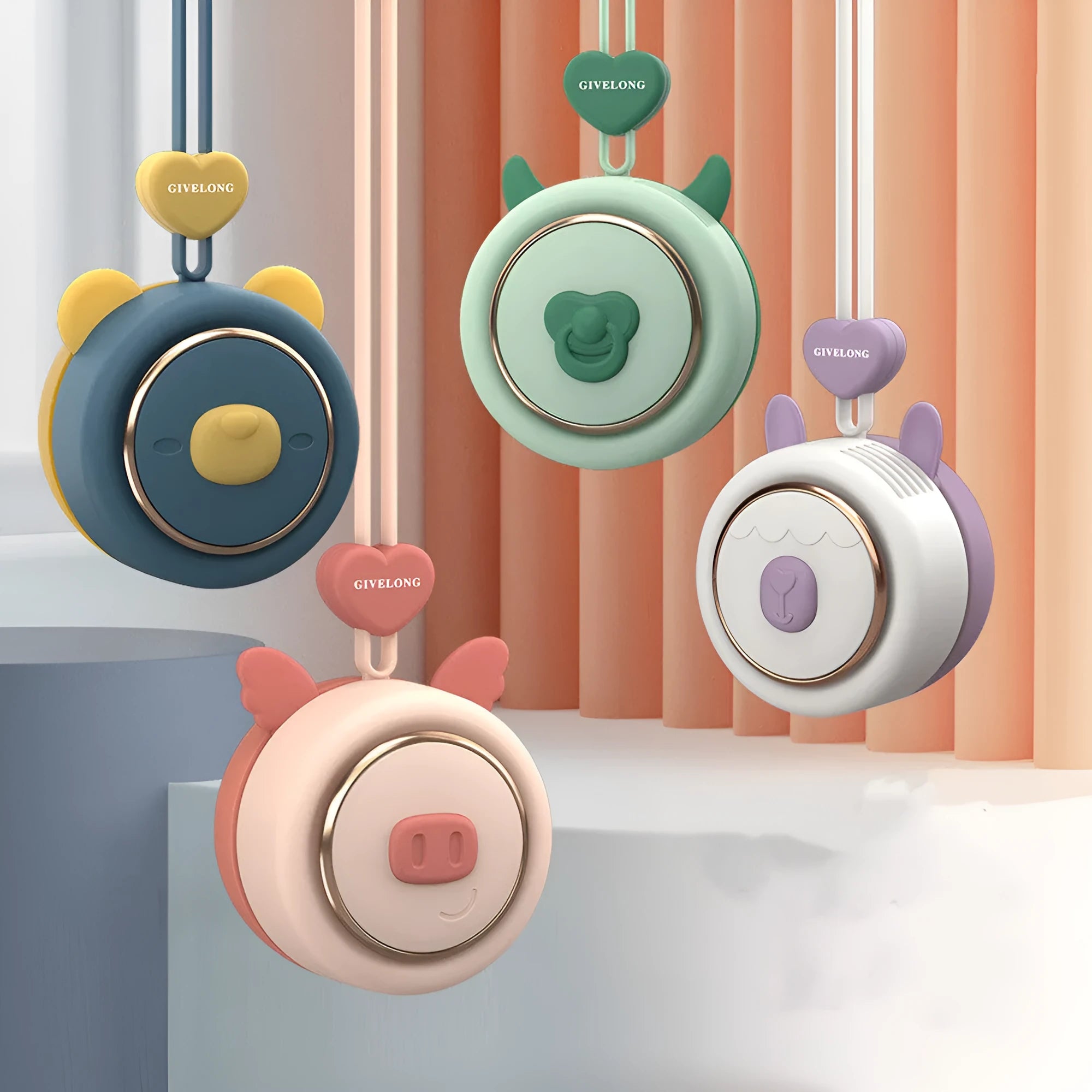 Mini bladeless neck band fan with hanging rope, shown in a colour-themed design.
