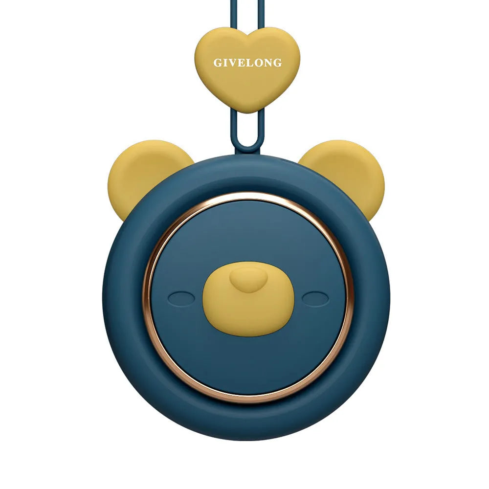Mini bladeless neck band fan with hanging rope, shown in a colour-themed design.