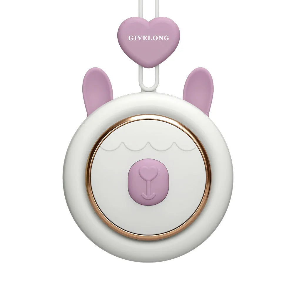 Mini bladeless neck band fan with hanging rope, shown in a colour-themed design.