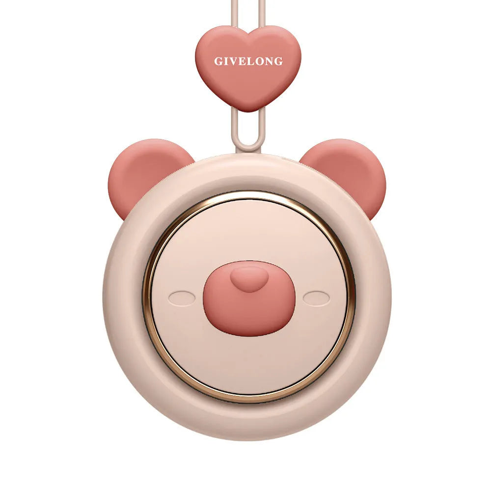 Mini bladeless neck band fan with hanging rope, shown in a colour-themed design.