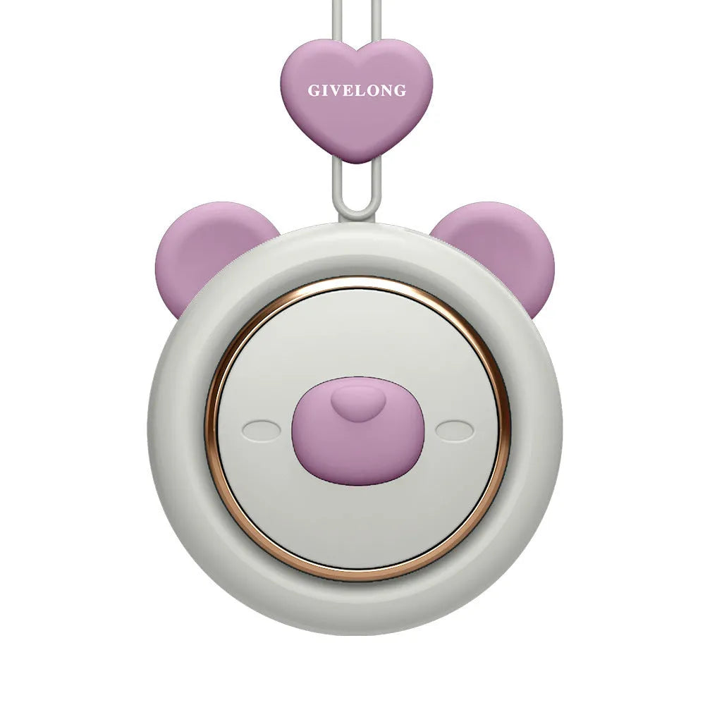 Mini bladeless neck band fan with hanging rope, shown in a colour-themed design.