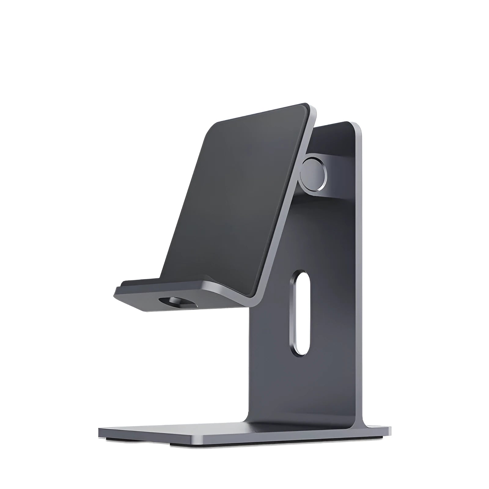 Dark grey alloy lazy bracket phone holder clamped to a desk edge, holding a mobile phone.
