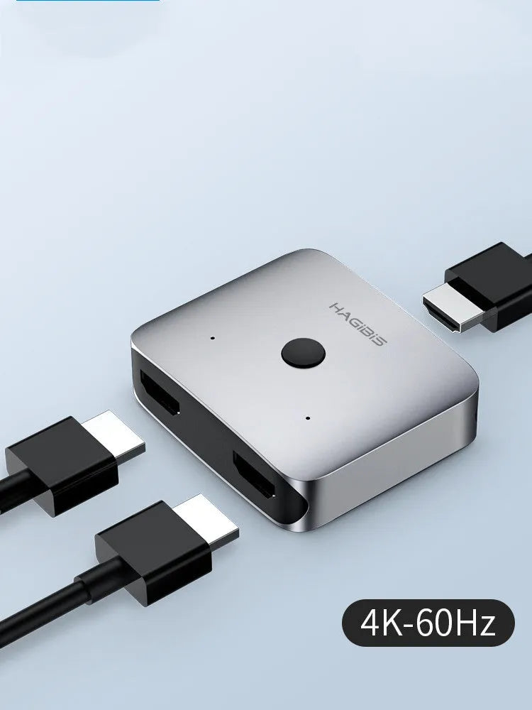 Grey HDMI splitter switcher with 2 input ports and 1 output port for connecting one video source to two displays