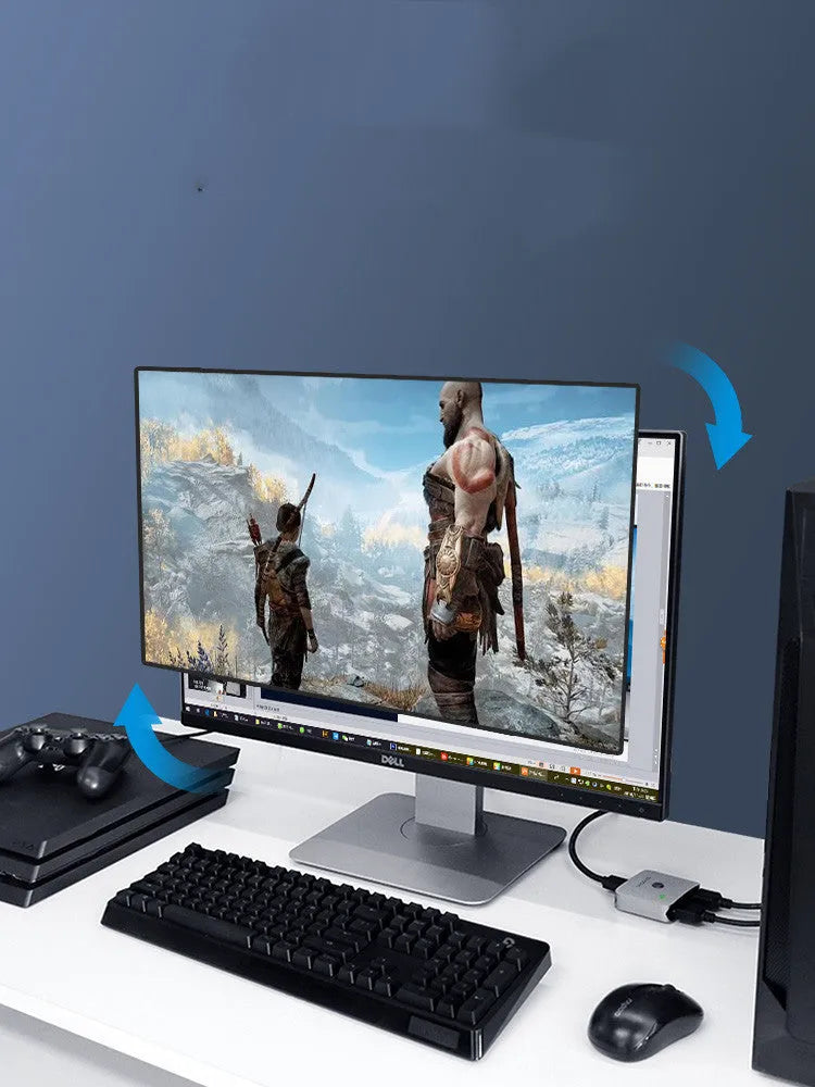 Grey HDMI splitter switcher with 2 input ports and 1 output port for connecting one video source to two displays