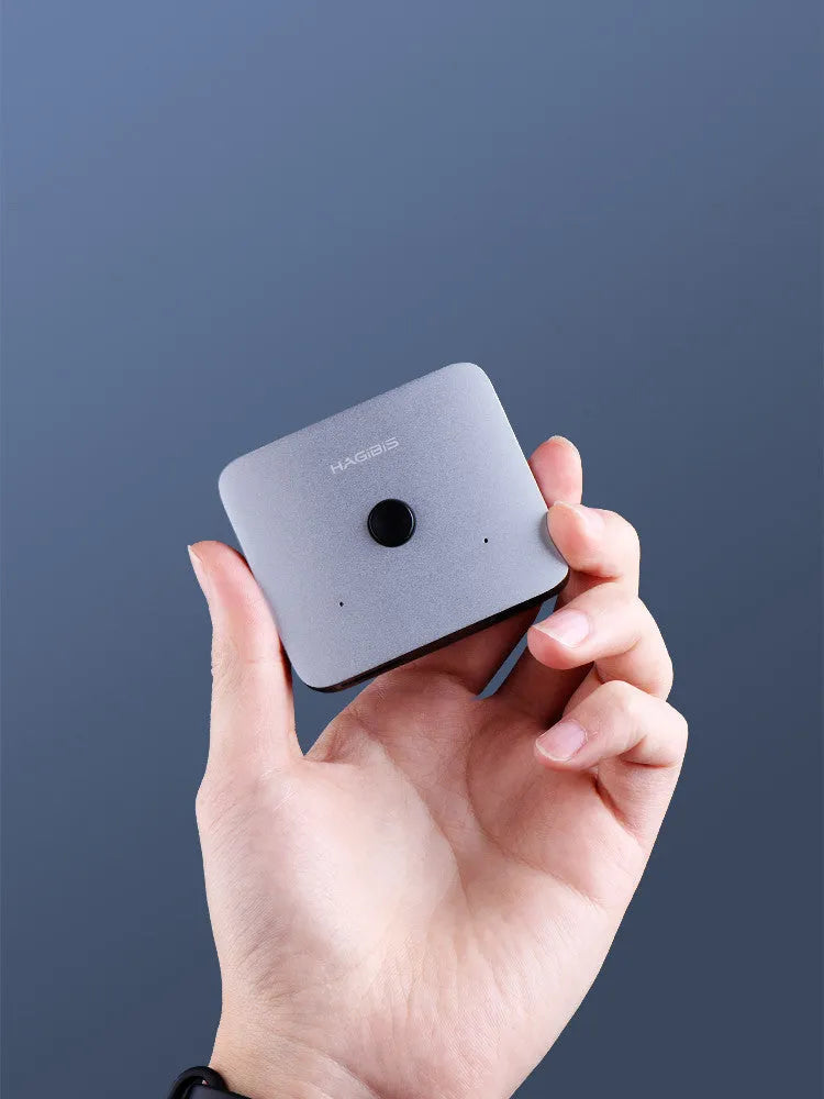 Grey HDMI splitter switcher with 2 input ports and 1 output port for connecting one video source to two displays