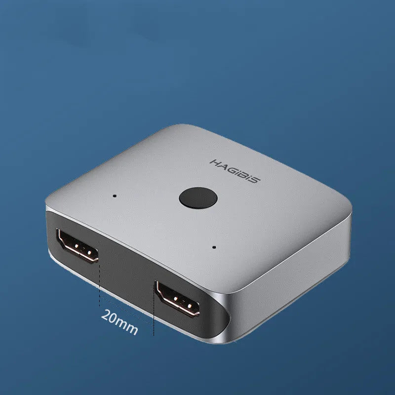 Grey HDMI splitter switcher with 2 input ports and 1 output port for connecting one video source to two displays