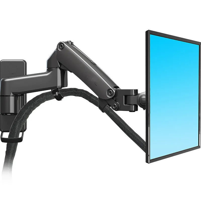 Black aluminium wall-mounted monitor stand extended from the wall with screen attached