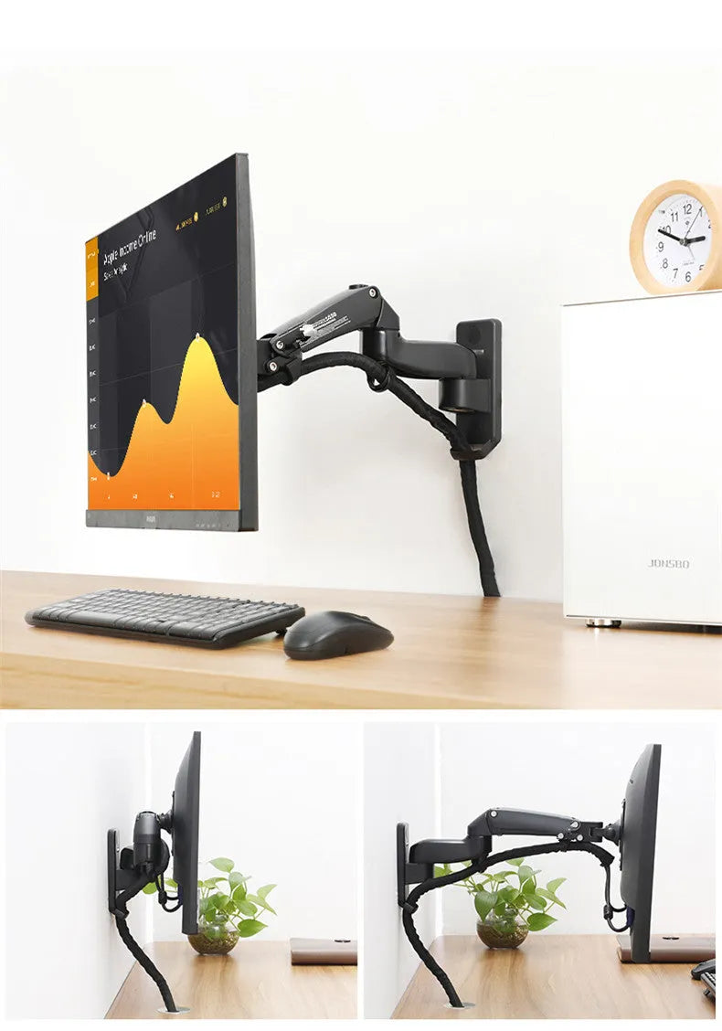 Black aluminium wall-mounted monitor stand extended from the wall with screen attached