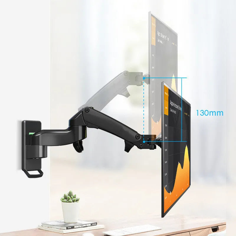Black aluminium wall-mounted monitor stand extended from the wall with screen attached