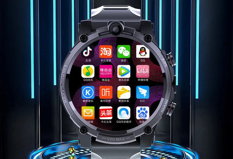 Black 4G smartwatch with a 1.6-inch screen on a wrist strap, showing a video call interface.