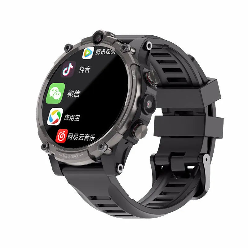 Black 4G smartwatch with a 1.6-inch screen on a wrist strap, showing a video call interface.