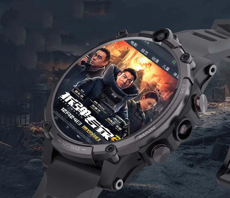 Black 4G smartwatch with a 1.6-inch screen on a wrist strap, showing a video call interface.
