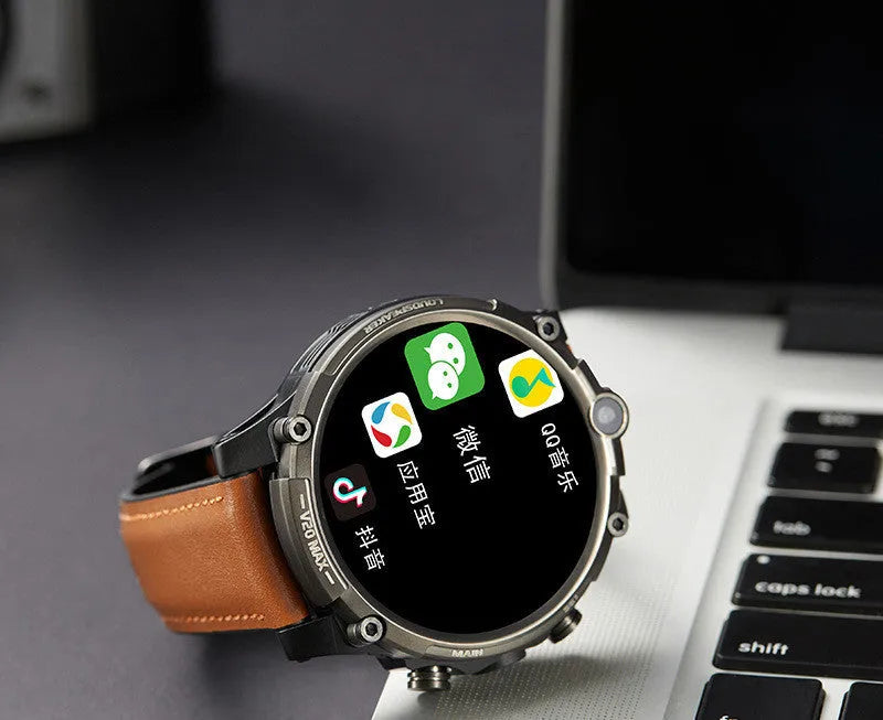 Black 4G smartwatch with a 1.6-inch screen on a wrist strap, showing a video call interface.