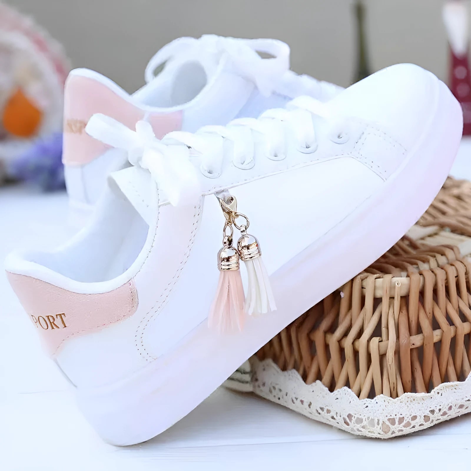 White ladies mesh casual trainers with pink detail and a flat rubber sole.