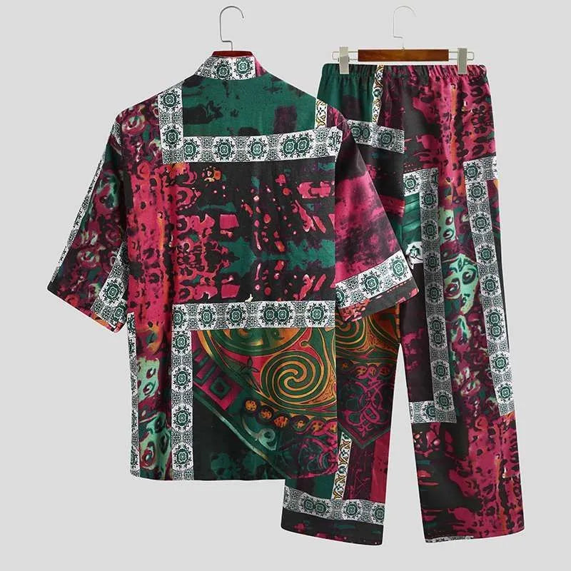 Men's cotton pajama set with half sleeve V neck printed lace up in blue, red, rose colours