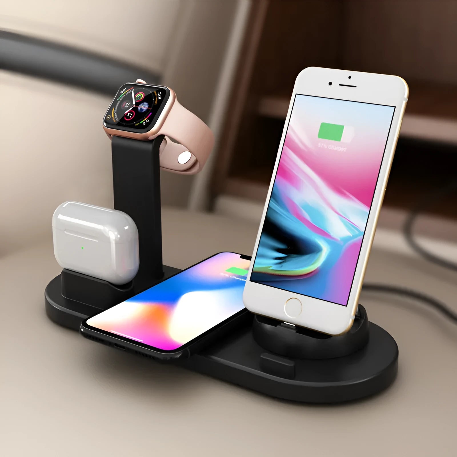 Three-in-one wireless charging station with smartphone, watch charging bracket and USB port