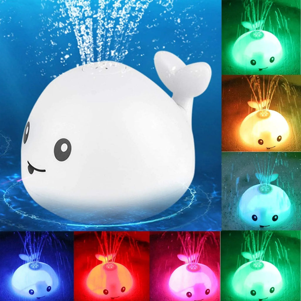 Automatic water spray whale bath toy with colourful LED lights floating in baby bath
