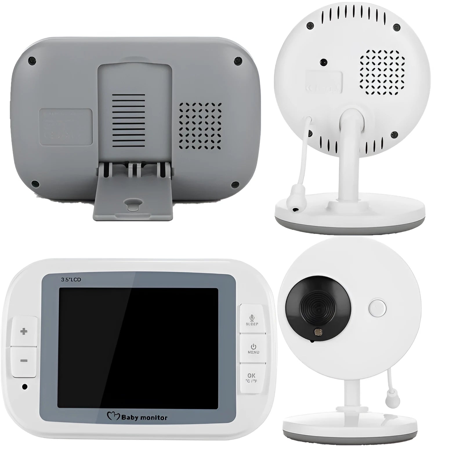 White wireless baby monitor with 3.5 inch screen and UFO-shaped camera unit on a table.