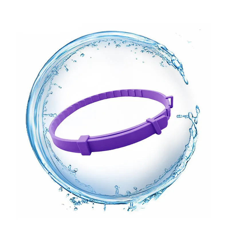 Purple cat calming collar with adjustable strap and leather case on white background