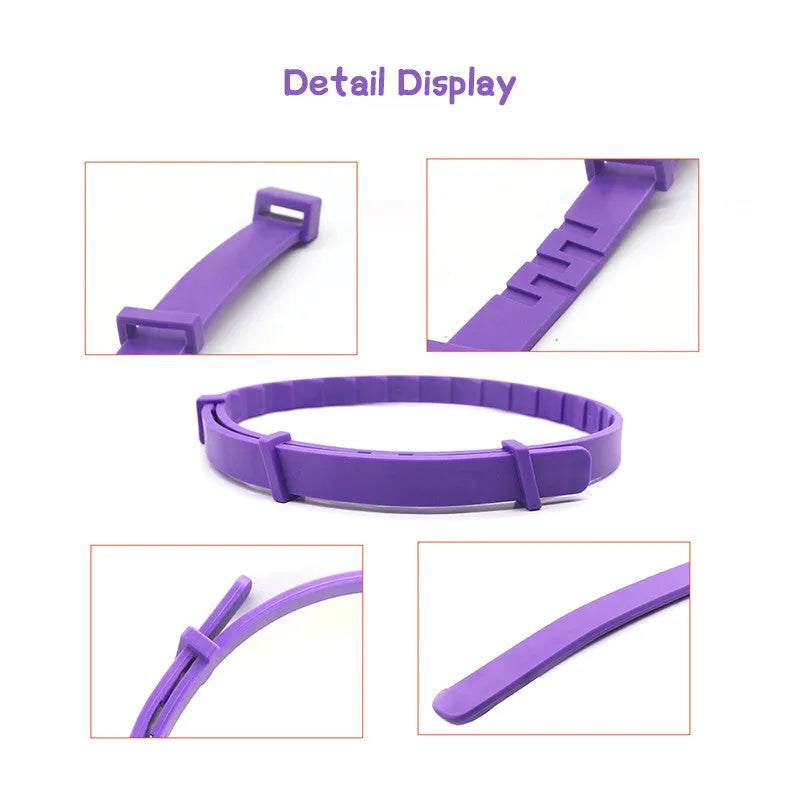 Purple cat calming collar with adjustable strap and leather case on white background