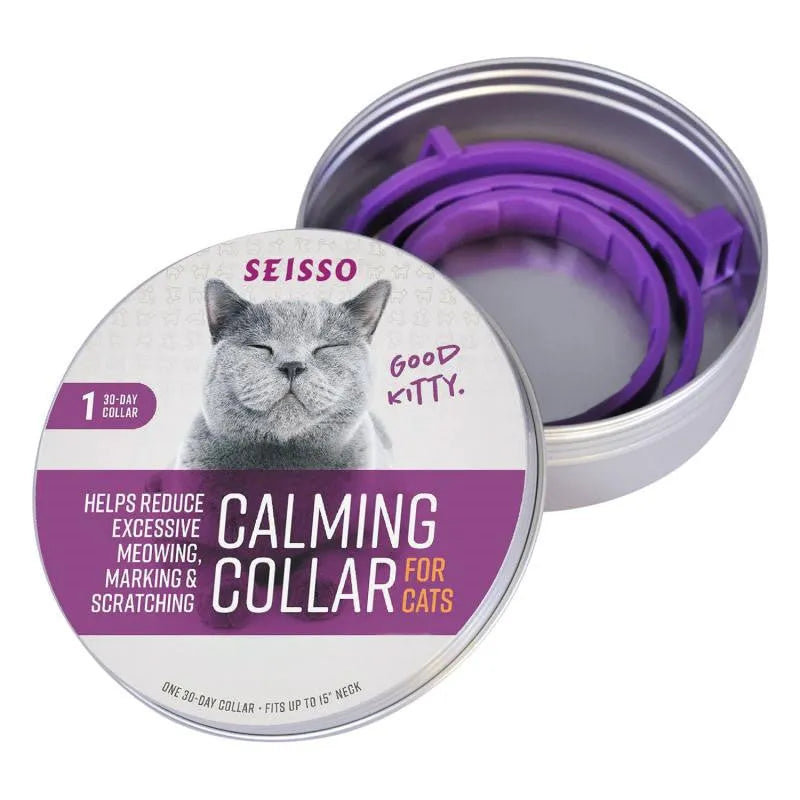 Purple cat calming collar with adjustable strap and leather case on white background
