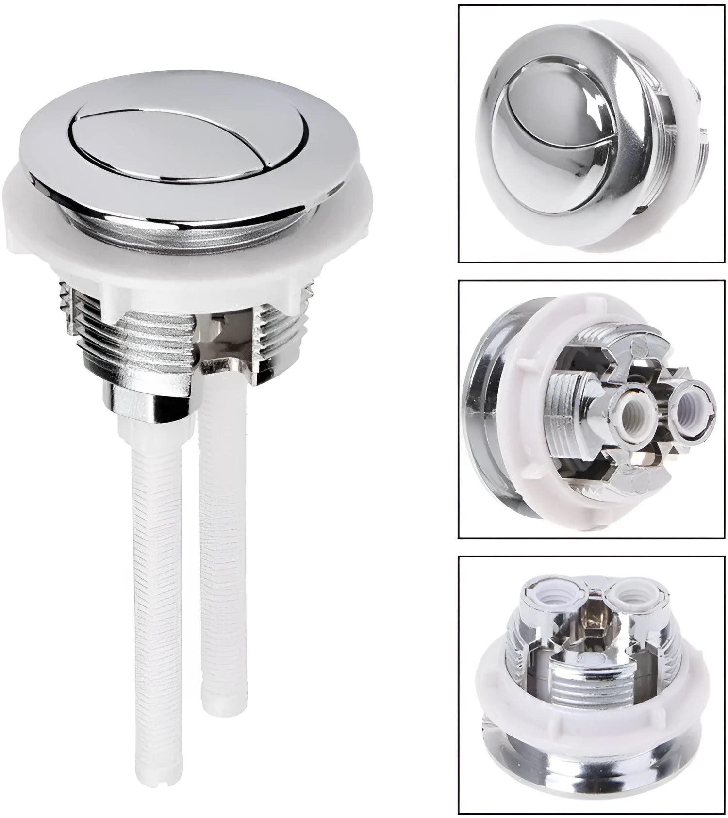 38mm round white ABS plastic double flush button for one-piece toilet replacement.