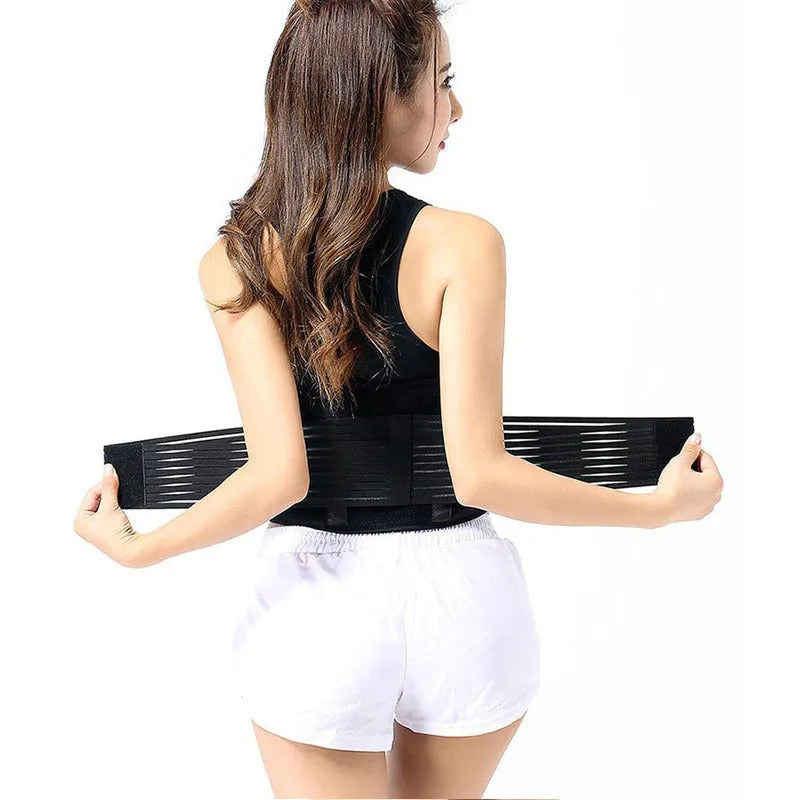 Black self-heating magnetic waist support belt for lumbar muscle strain, shown on a mannequin.