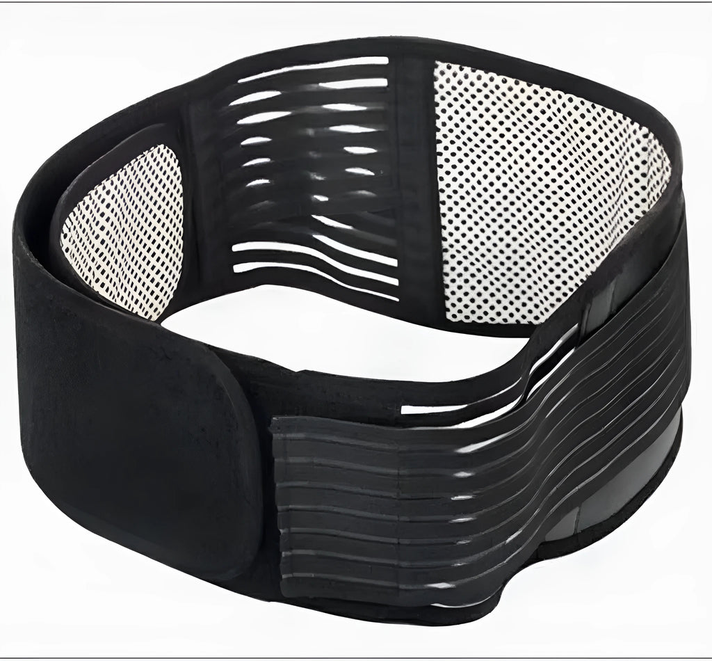 Black self-heating magnetic waist support belt for lumbar muscle strain, shown on a mannequin.