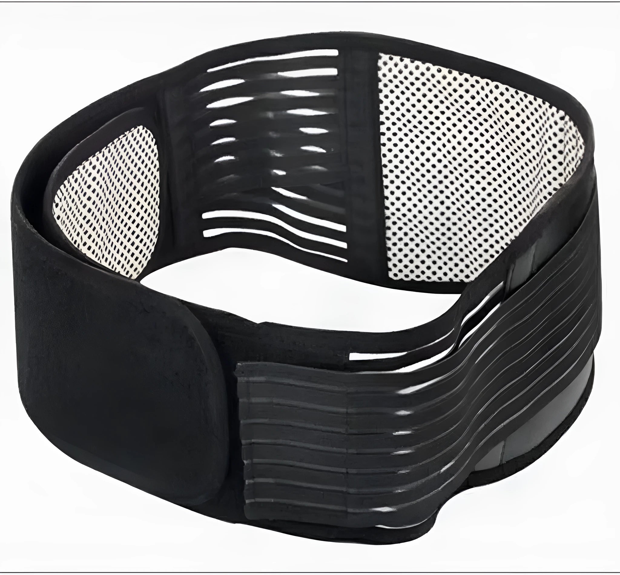 Black self-heating magnetic waist support belt for lumbar muscle strain, shown on a mannequin.
