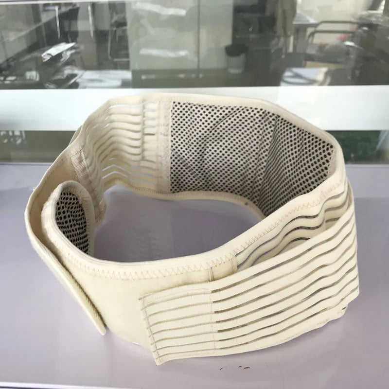 Black self-heating magnetic waist support belt for lumbar muscle strain, shown on a mannequin.