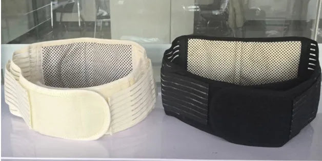 Black self-heating magnetic waist support belt for lumbar muscle strain, shown on a mannequin.