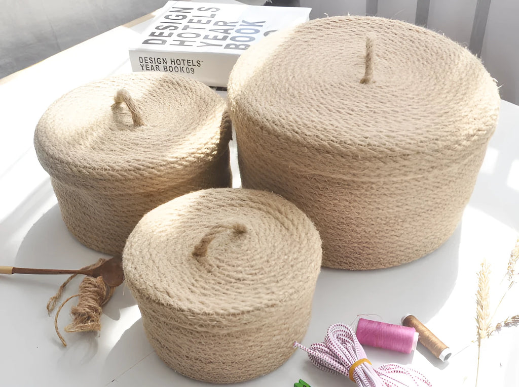 Japanese style linen fabric underwear storage basket with dustproof cover in three sizes