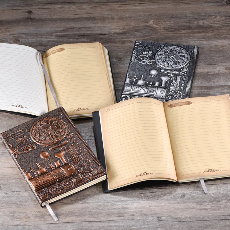 European relief retro A5 notepad with embossed leather-mounted cover in bronze and silver colours