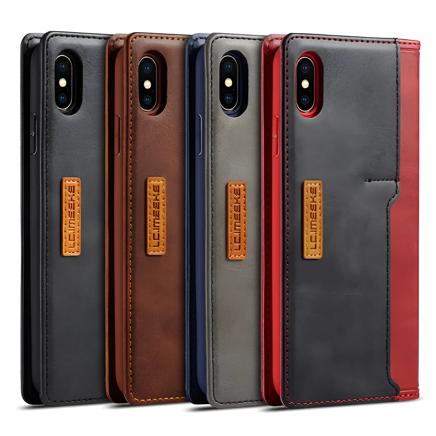 Black leather flip wallet case for iPhone with card slots open, showing phone and card storage.