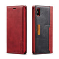 Black leather flip wallet case for iPhone with card slots open, showing phone and card storage.