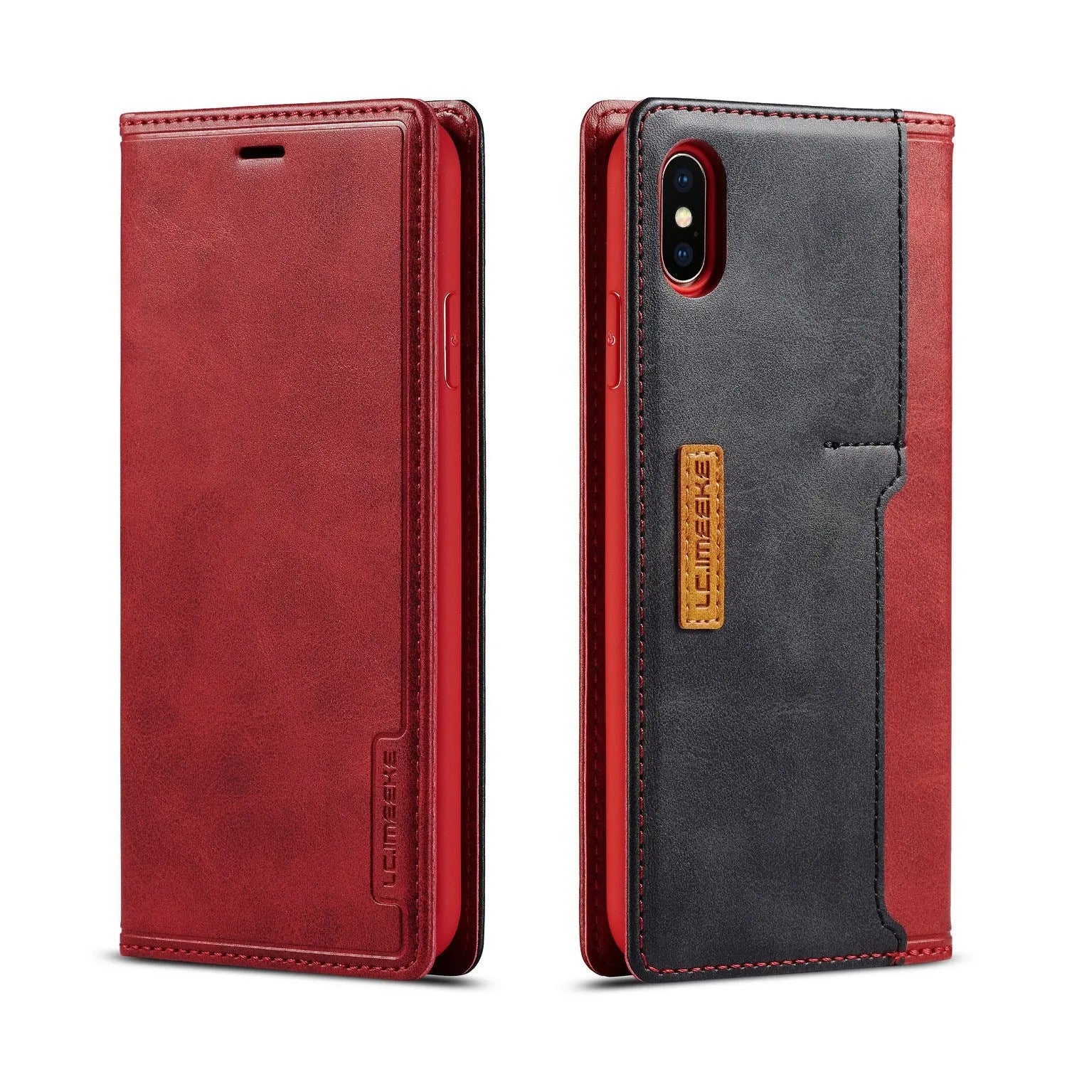 Black leather flip wallet case for iPhone with card slots open, showing phone and card storage.