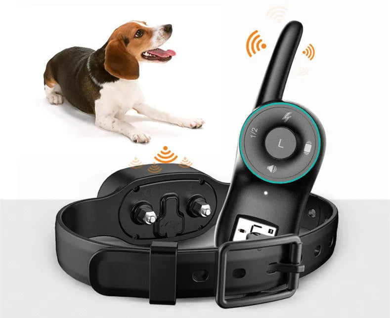 Black and orange remote-controlled dog training collar with waterproof receiver unit and handheld transmitter