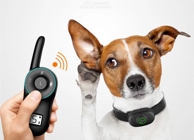 Black and orange remote-controlled dog training collar with waterproof receiver unit and handheld transmitter