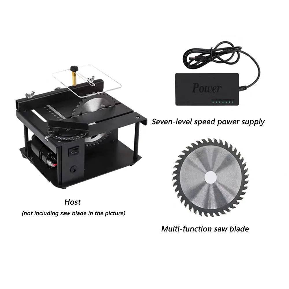 Black miniature precision table saw with 110mm blade on sliding cutting table