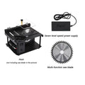 Black miniature precision table saw with 110mm blade on sliding cutting table