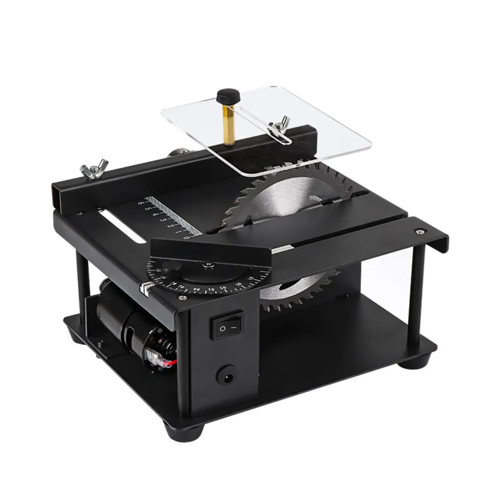 Black miniature precision table saw with 110mm blade on sliding cutting table