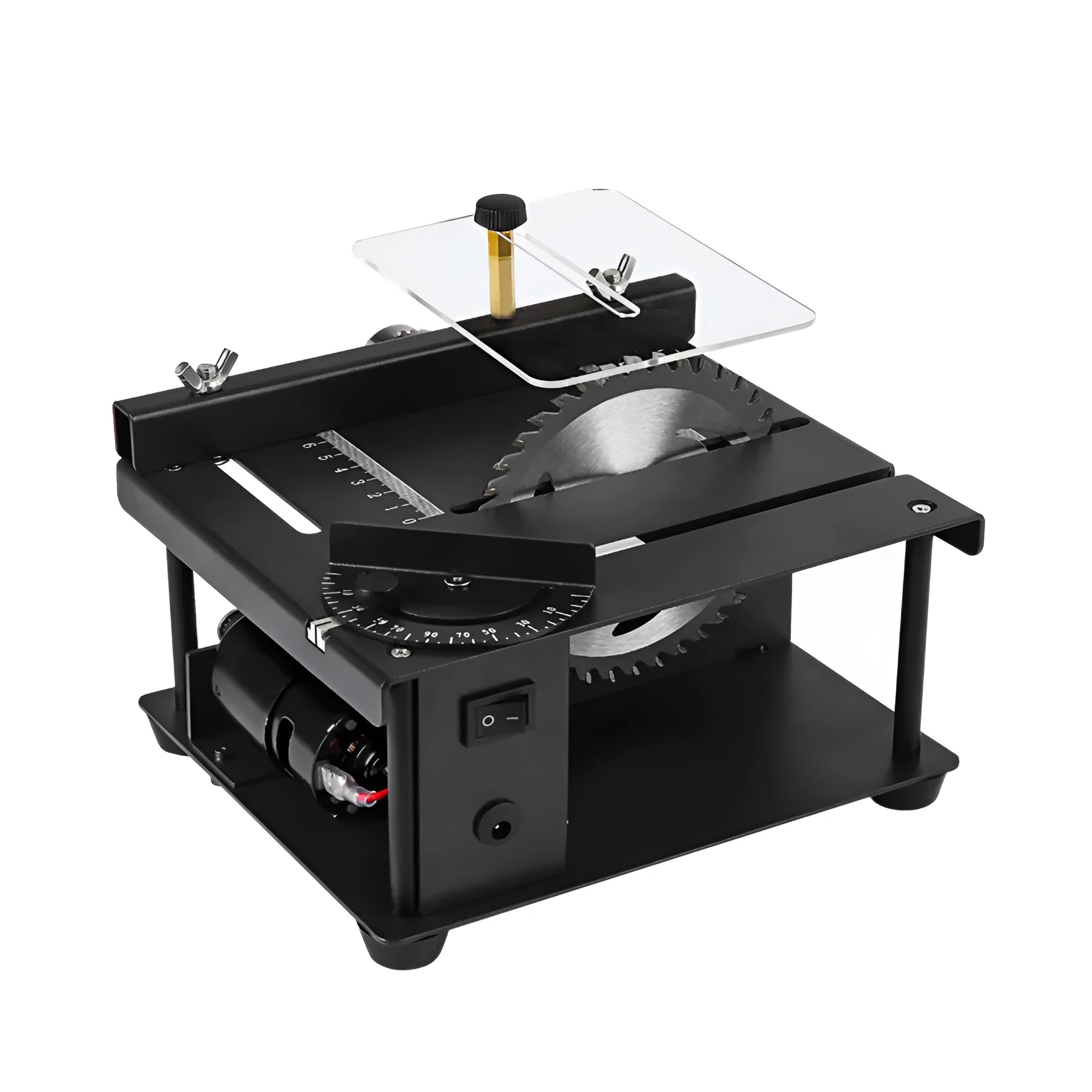 Black miniature precision table saw with 110mm blade on sliding cutting table