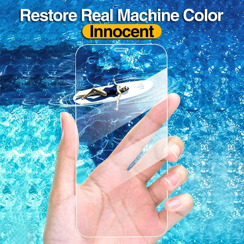 Four transparent tempered glass screen protectors for Apple iPhone on a clean surface.
