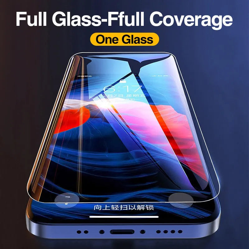 Four transparent tempered glass screen protectors for Apple iPhone on a clean surface.