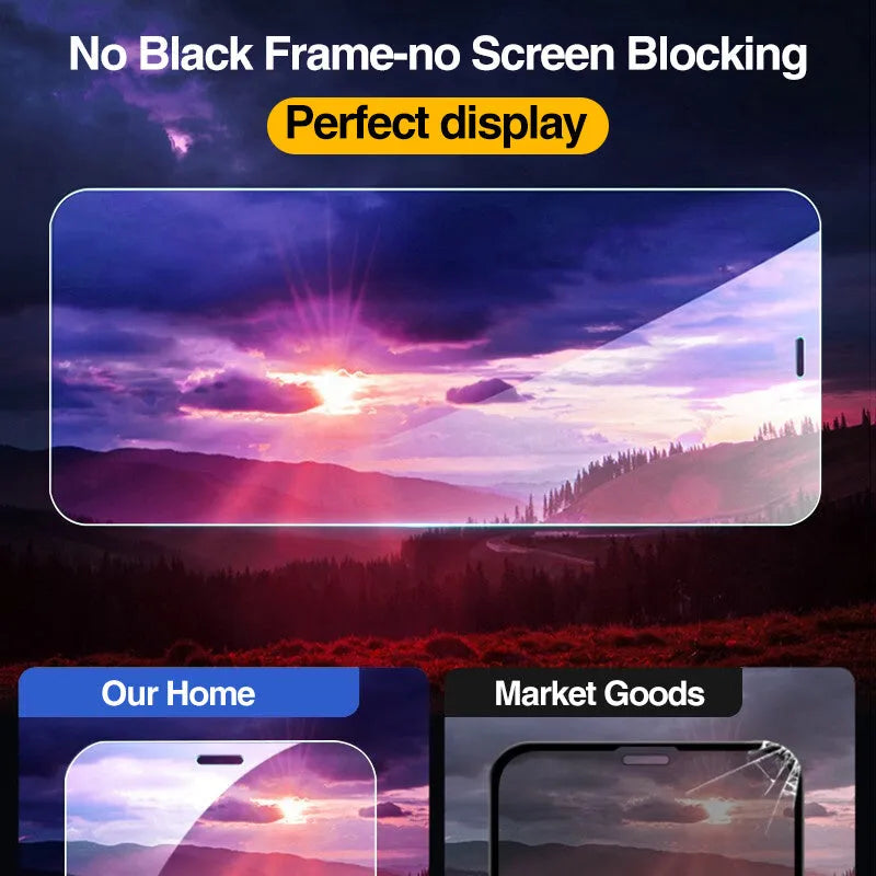 Four transparent tempered glass screen protectors for Apple iPhone on a clean surface.