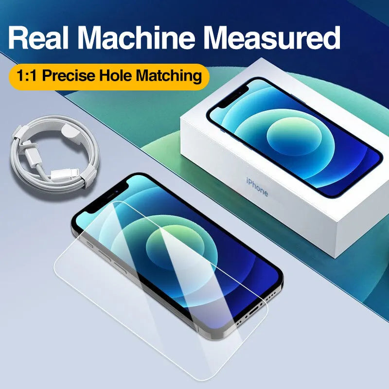 Four transparent tempered glass screen protectors for Apple iPhone on a clean surface.