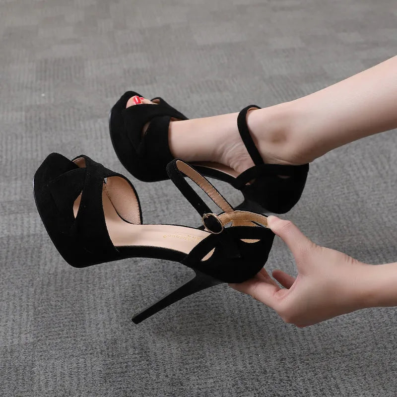 Black suede women's stiletto sandals with fish mouth toe and waterproof platform