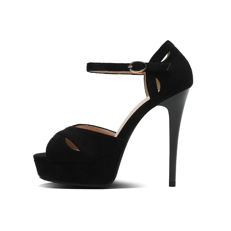 Black suede women's stiletto sandals with fish mouth toe and waterproof platform